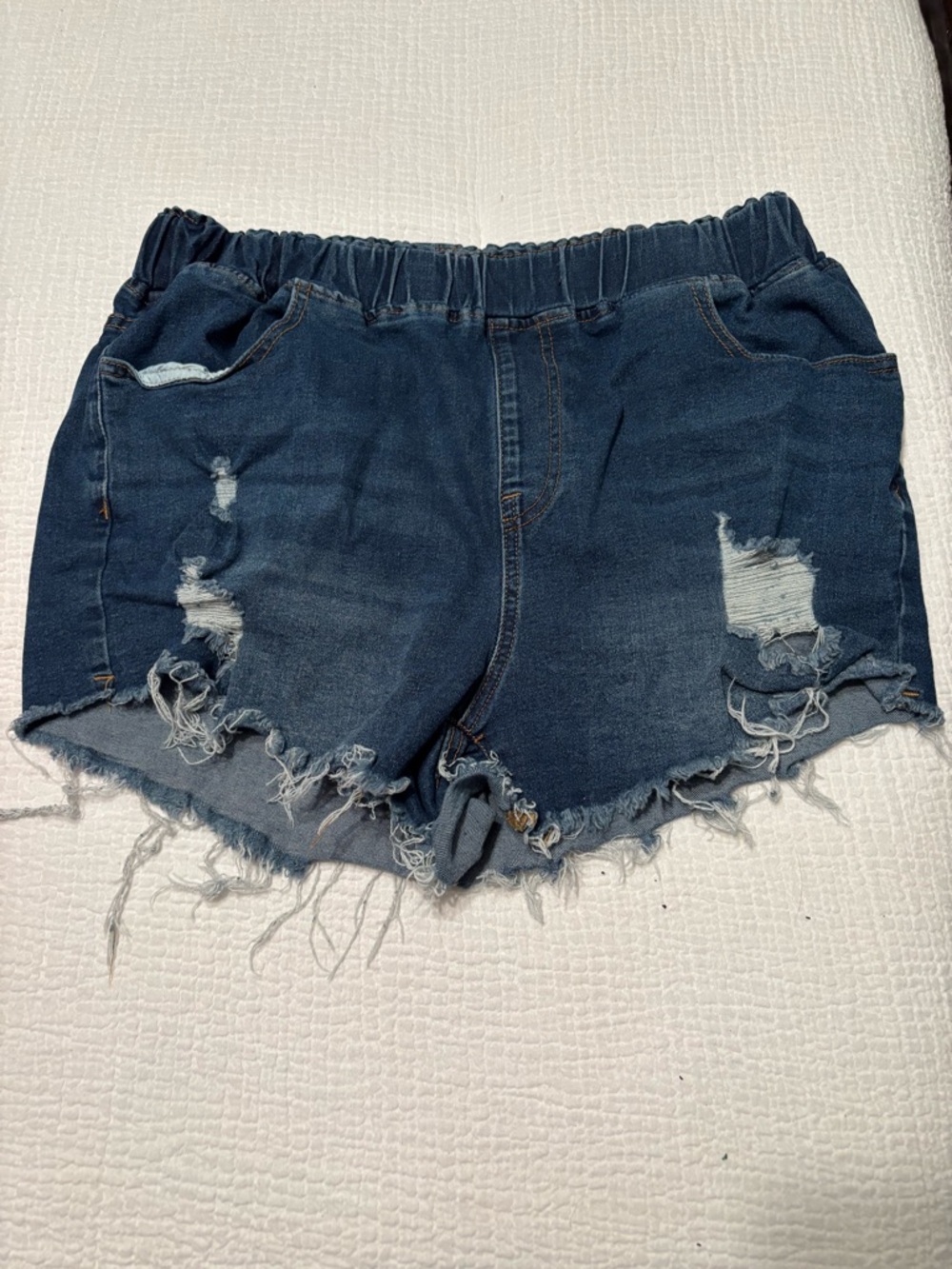 SHEIN Dark Blue Ripped Elastic Waist Denim Shorts